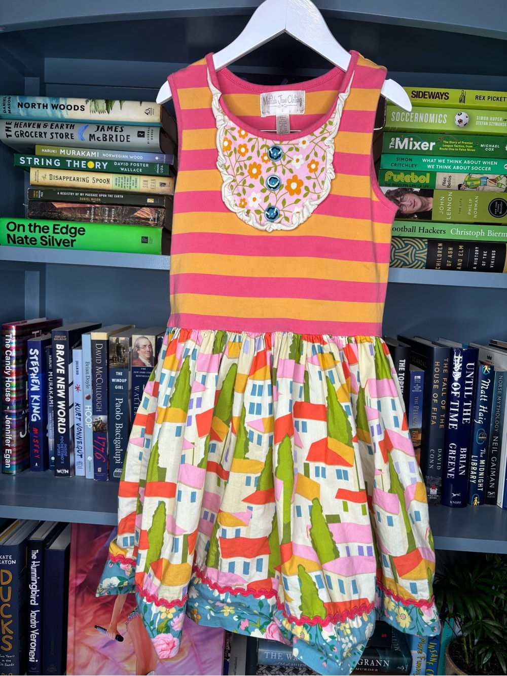 Matilda Jane Girls' Pink & Yellow Striped Sleeveless Dress with Floral Bib